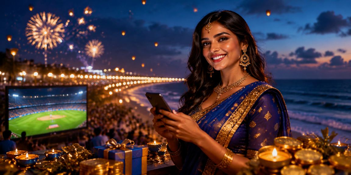 Evening view of Chennai Marina Beach with mobile casino players celebrating Diwali